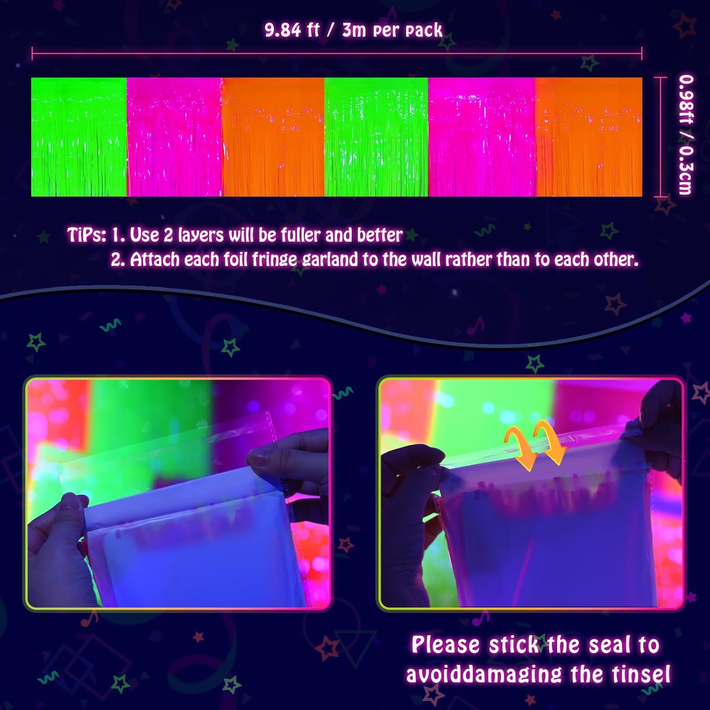 Mega-L Glow in The Dark Party Supplies, 4 Pack Foil Fringe Garland Birthday Party Decorations 9.8 ft Fluorescent Macaron Orange, Yellow and Fuchsia Metallic Tinsel Banner, Photo Booth Prop Table Skirt