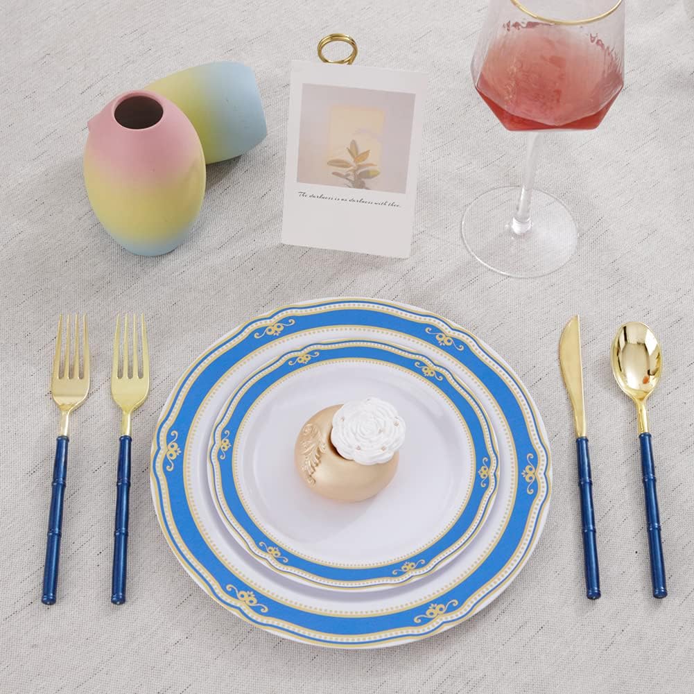 Supernal 180pcs Gold Plastic Silverware,Gold Plastic Cutlery with Blue Glitter Bamboo Handle,Elegant Durable Disposable Cutlery Heavy Duty include 60 Knives,60 Forks,60 Spoons
