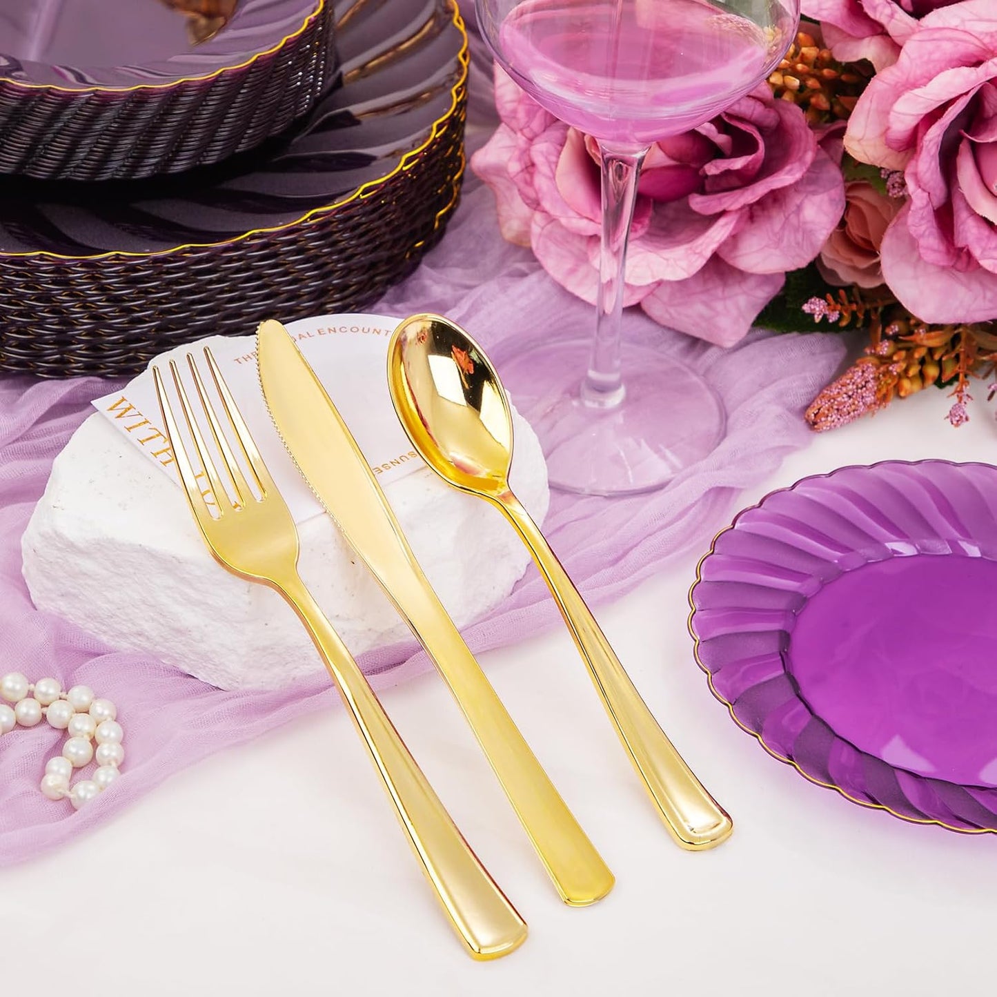 YOUBET 125PCS Purple Plastic Dinnerware Set - Gold and Clear Purple Disposable Plates Include 50 Plastic Plates 75 Silverwares for Wedding Birthday Parties