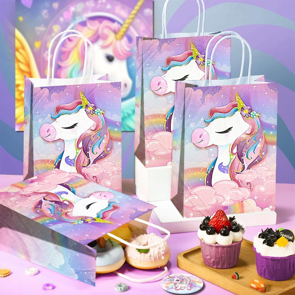 JOYGATHER 24 Pcs Unicorn Party Favor Bags with Handles - Unicorn Goodie Bags Gift Bags. Rainbow Theme Candy Bags, Kraft Paper Bags for Birthday Party Supplies, and Baby Shower Decorations