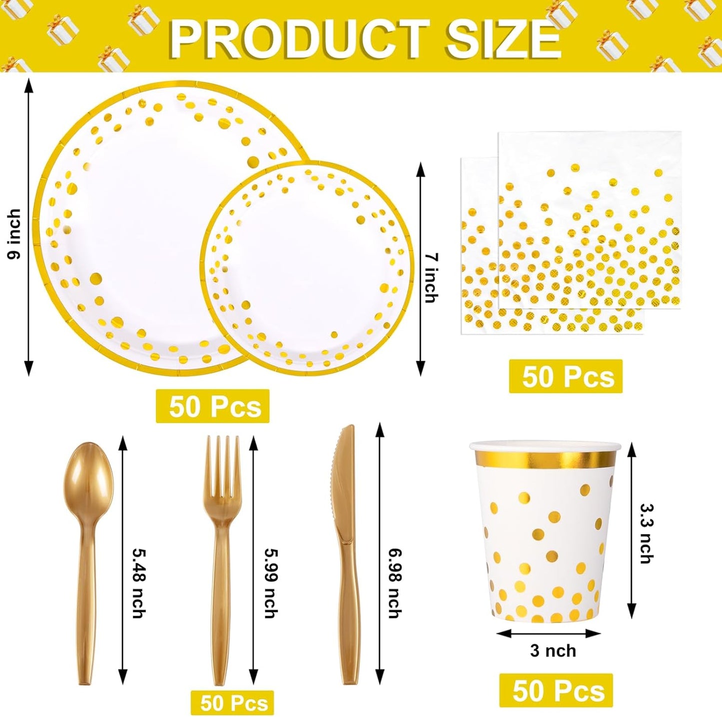 Supernal 350pcs White and Gold Plates & Napkins Party Supplies,10inch Birthday Plates 7inch White and Gold Paper Plates Gold Plastic Forks,Knives,Spoons,White Napkins Cups Served 50 Guest for Birthday