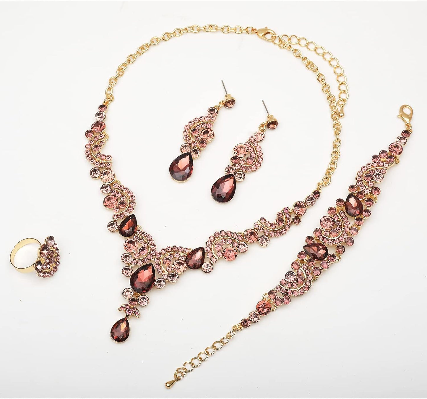 CSY Elegant Crystal Necklace Earrings Bracelet Ring Bridal Wedding Party Costume Jewelry Sets for Brides Women