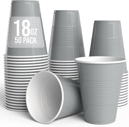 18 Oz Silver Plastic Cups For Party Supplies 50 Pack | Silver Disposable Cups Plastic | Disposable Drinkware For Parties, Events & Everyday