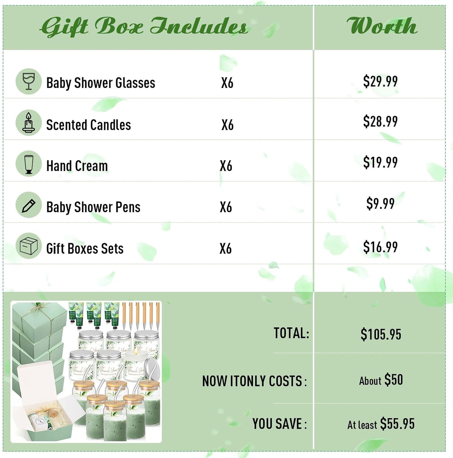 6 Sets Baby Shower Game Prizes for Winners, Glass Cup Scented Candles Hand Cream Pens Gift Box with Raffia for Baby Shower Wedding Bridal Favors for Guests(Green)