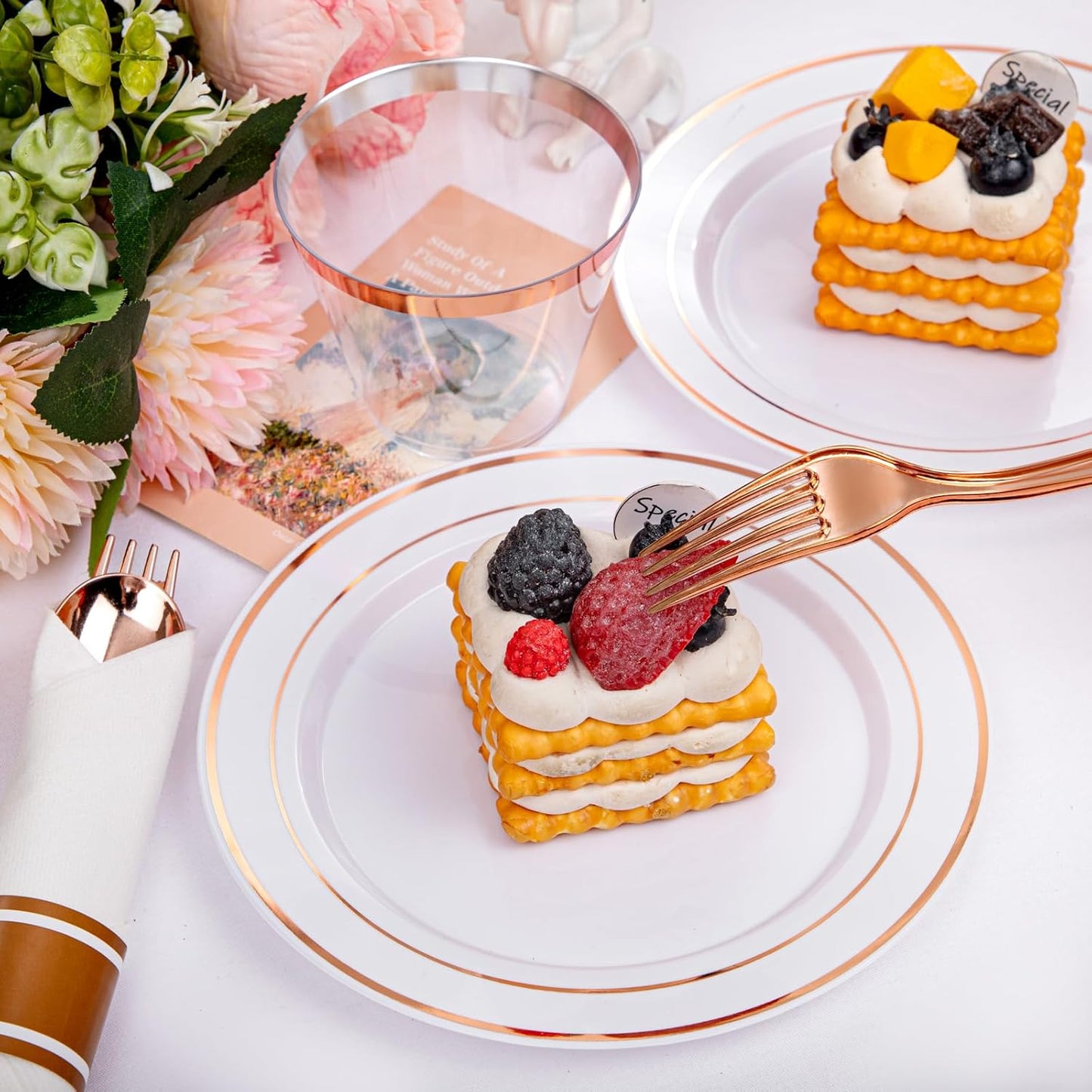 DaYammi 210PCS Rose Gold Plastic Dinnerware Set for 30 Guests, Valentine's Day Plates for Party, Include: 30 Dinner Plates, 30 Dessert Platos, 30 Pre Rolled Napkins with Rose Gold Silverware, 30 Cups