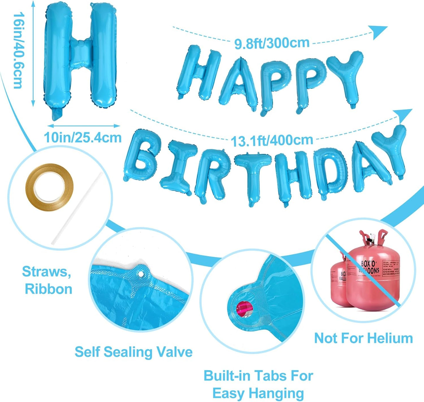 LIOZEOKUN Happy Birthday Balloon Letters 16 inch Mylar Foil Birthday Balloons Banner Sign for Birthday Party Decorations Supplies (Light blue)