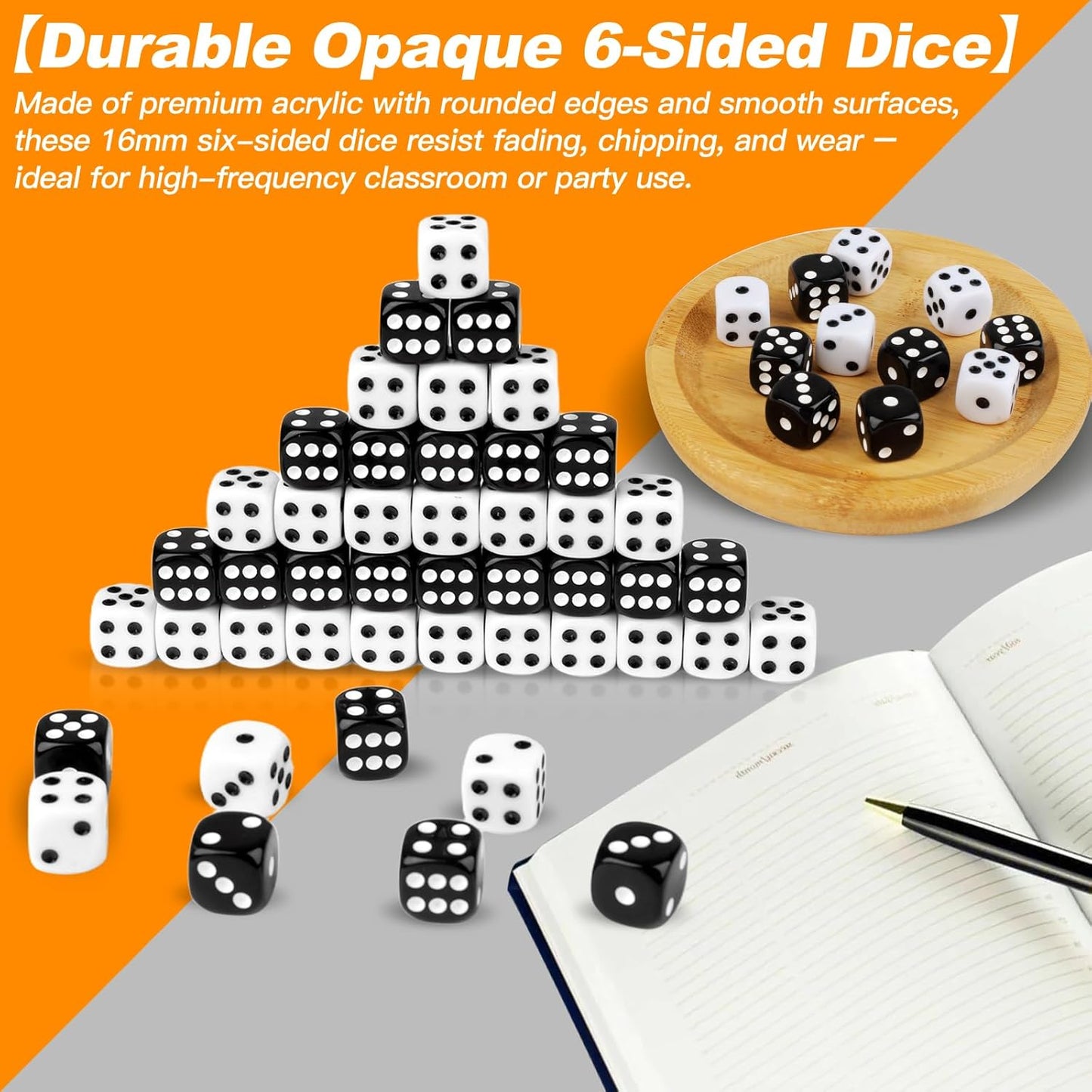 50 Pieces White Black Dice Set (16mm 6-Sided) - 25 White Dice and 25 Black Dice with Bold Pips for Board Games, Math Learning, Educational Activities, Family Game Nights