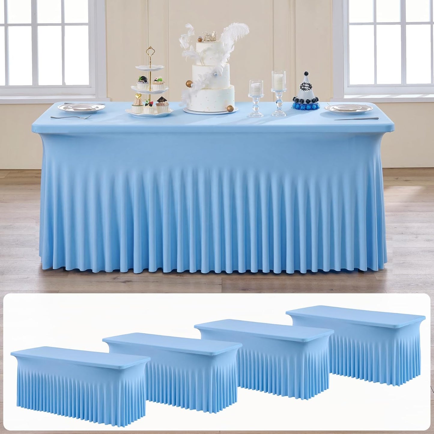 4 pk Baby Blue Spandex Tablecloth 6ft with Ruffle Skirt, Wrinkle Free High Stretch Fitted Tablecloths for 6 Foot Rectangle Tables, Blue Eastic Spandex Table Covers 6ft for Parties Banquet Weddings