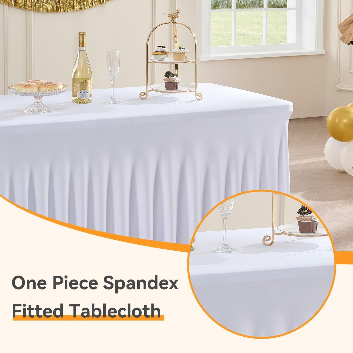 Outpain White Spandex Table Clothes for 8 Foot Rectangle Tables-3Pack 8FT Spandex Fitted Table Cover, Wrinkle Free Tablecloths with Skirt for Parties, Wedding, Birthday, Banquet, Festival