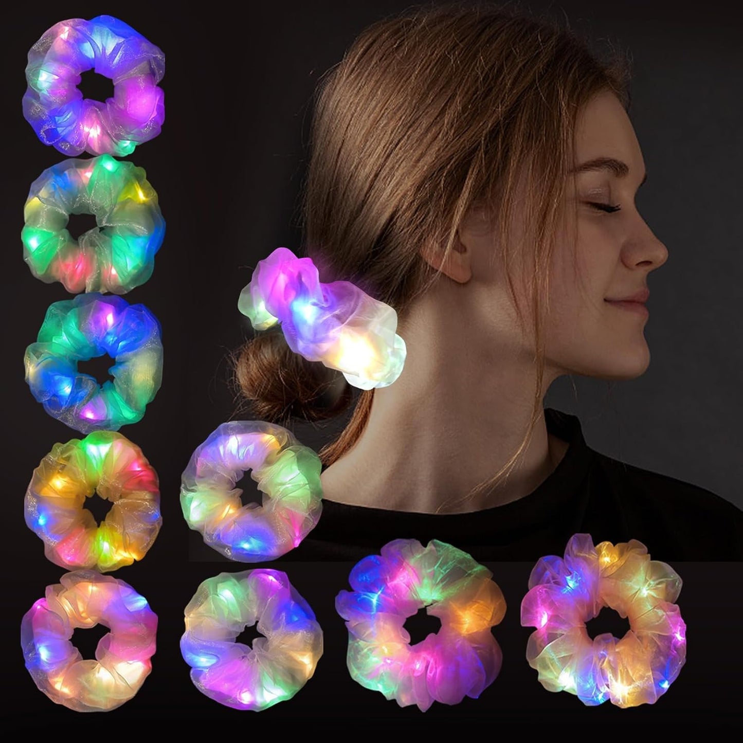 Light Up Scrunchies, Double-layer LED Scrunchy Colorful Hair Ties Glow in the Dark Party Supplies Glow Sticks Halloween Party Favor Festival Rave Accessories for Girls & Women Neon Party