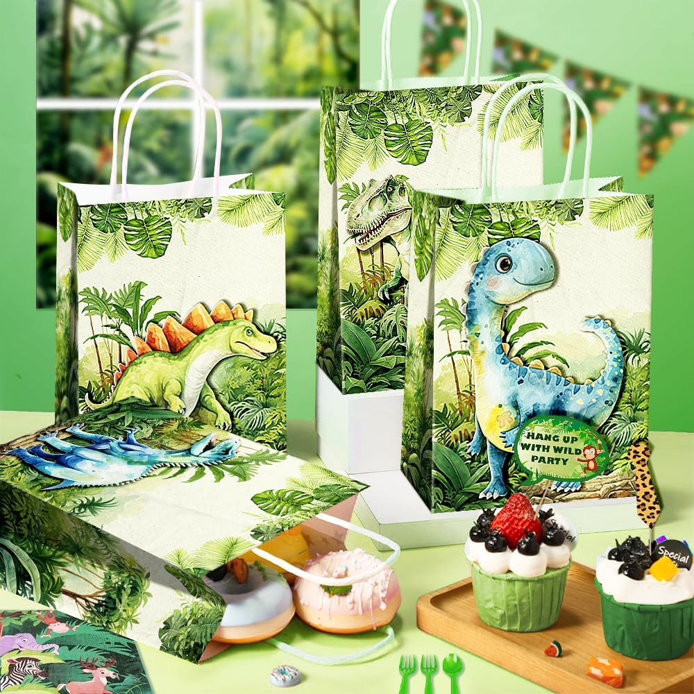 24 Pcs Dinosaur Party Favor Bags with Handles - T rex Goodie Bags Gift Bags. Dino Theme Candy Bags for Kids Boys, Kraft Paper Bags for Birthday Party Supplies, and Baby Shower Decorations.
