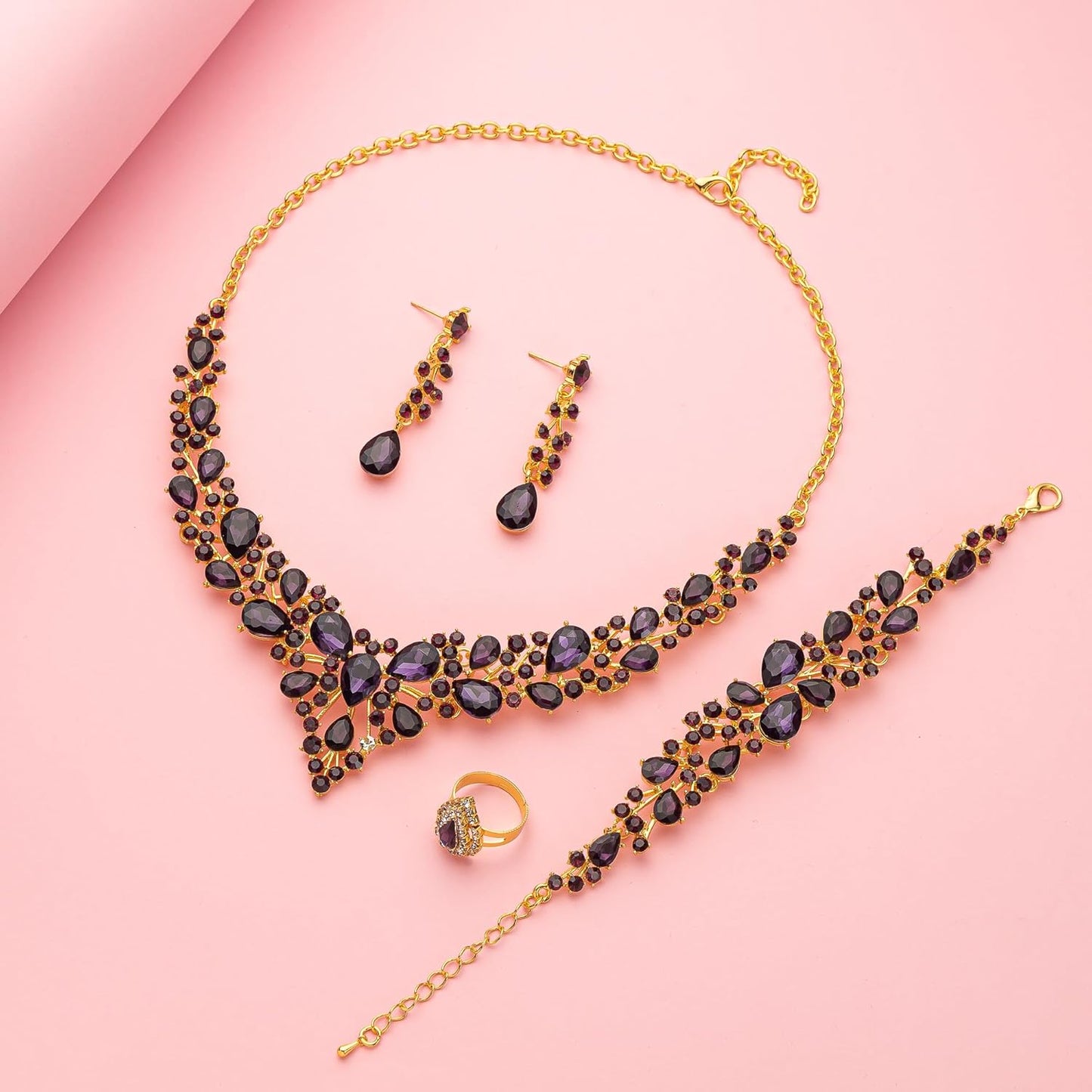 Crystal Bridal Wedding Jewelry Sets for Women Rhinestone Teardrop Crystal Statement Choker Necklace Drop Earrings Link Bracelets Rings Teardrop Jewelry Set for Brides Bridesmaids