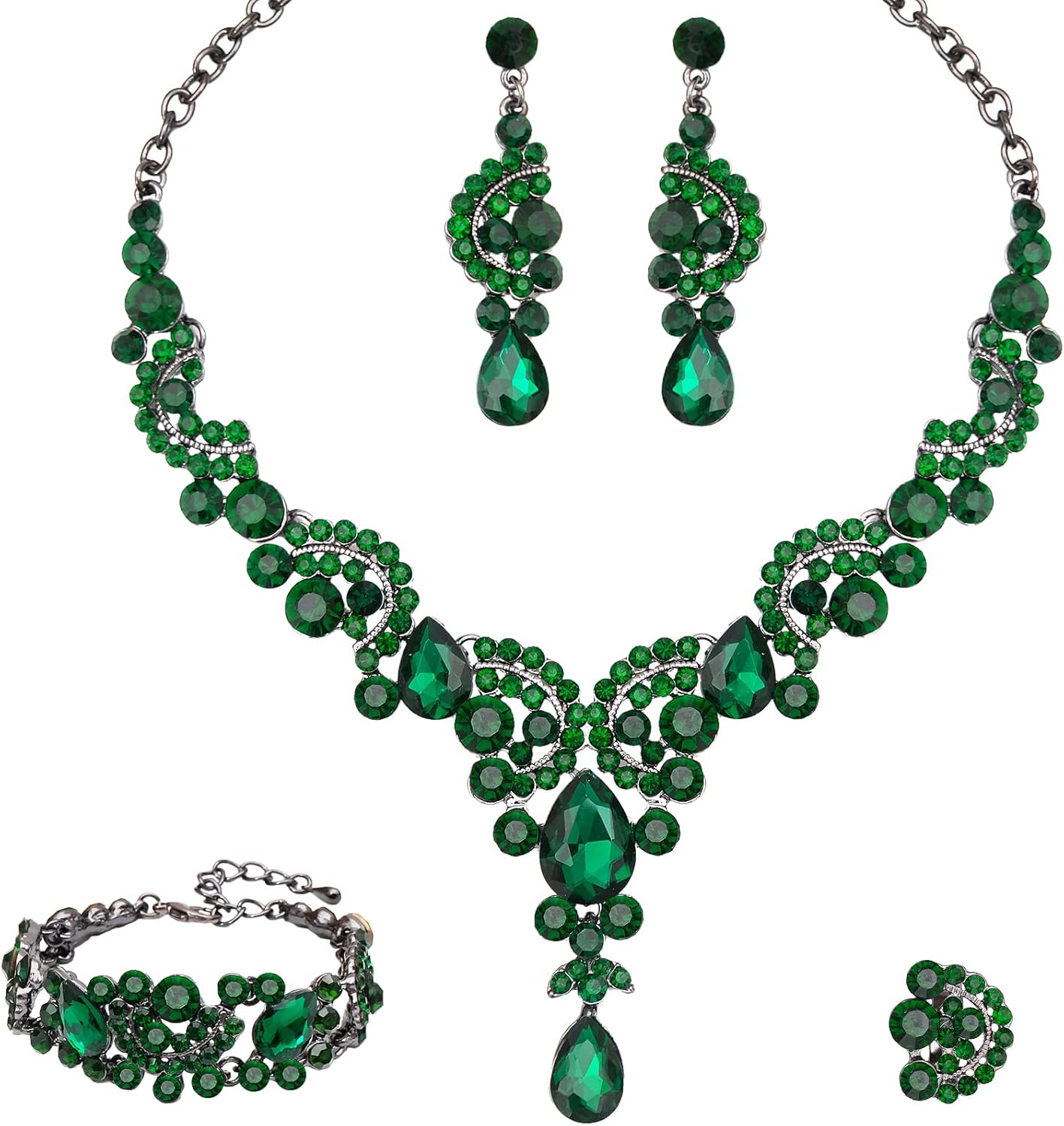 CSY Elegant Crystal Necklace Earrings Bracelet Ring Bridal Wedding Party Costume Jewelry Sets for Brides Women