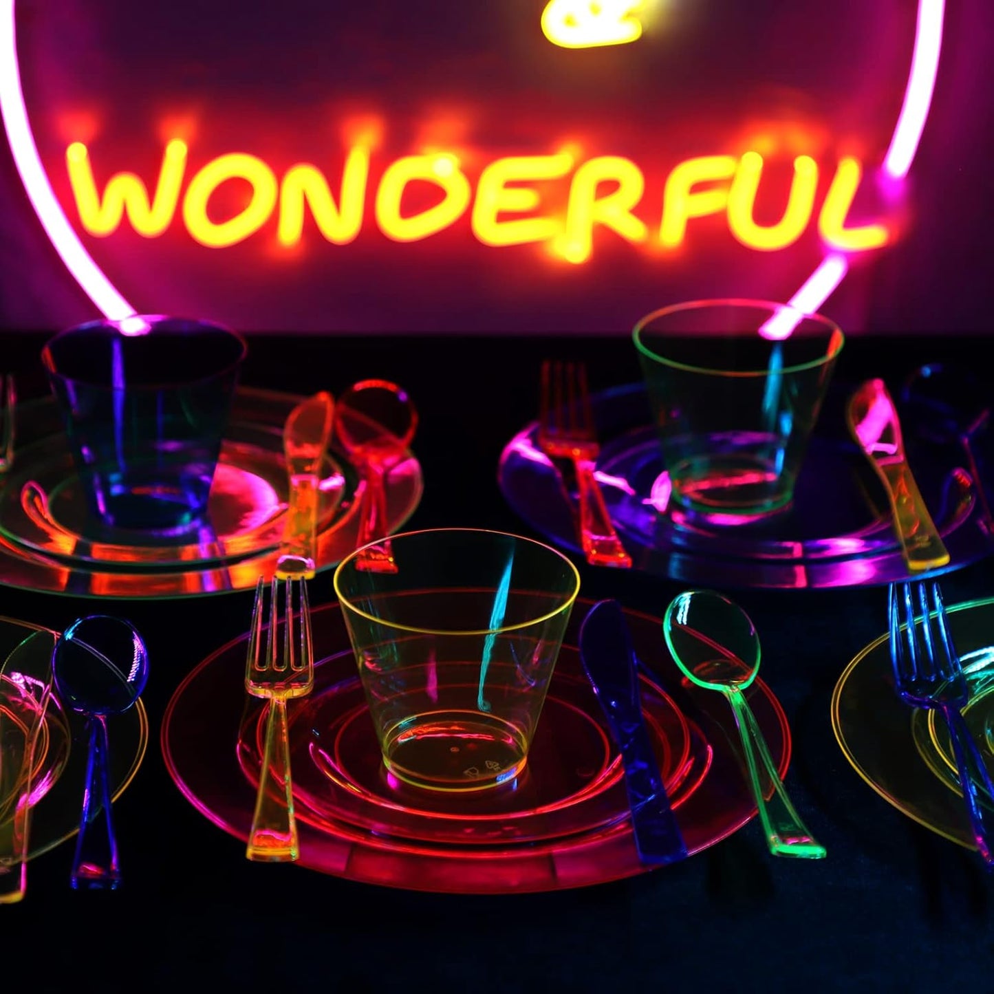 Supernal 216pcs Rainbow Plastic Plates for Party Supplies-Hard Disposable Plates Heavy Duty,Colorful Cups,Plastic Silveware in Neon Pink,Blue,Green,Yellow, Pefect for Birthdays,Party