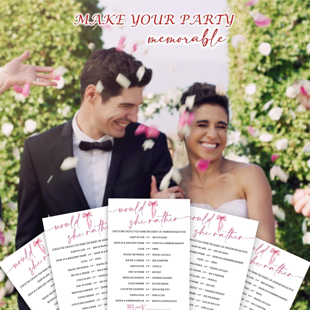 Wedding Shower Games Cards, Would She Rather Bridal Shower Game for 25 Guests, Engagement Party Wedding Games for Guests, Pink Ribbon Bow Wedding Party Supplies - E11