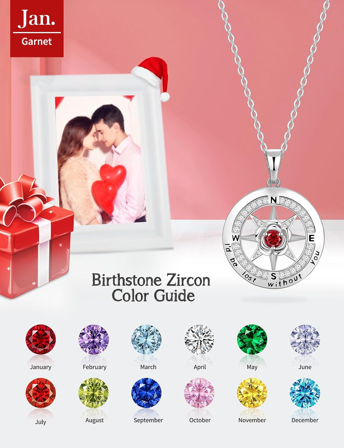 Silver Compass Necklace for Women Birthday Gifts for Wife Anniversary Necklace for Women Rose Flower Birthstone Necklaces for Wife Jewelry for Womens Girlfriend Mom Daughter