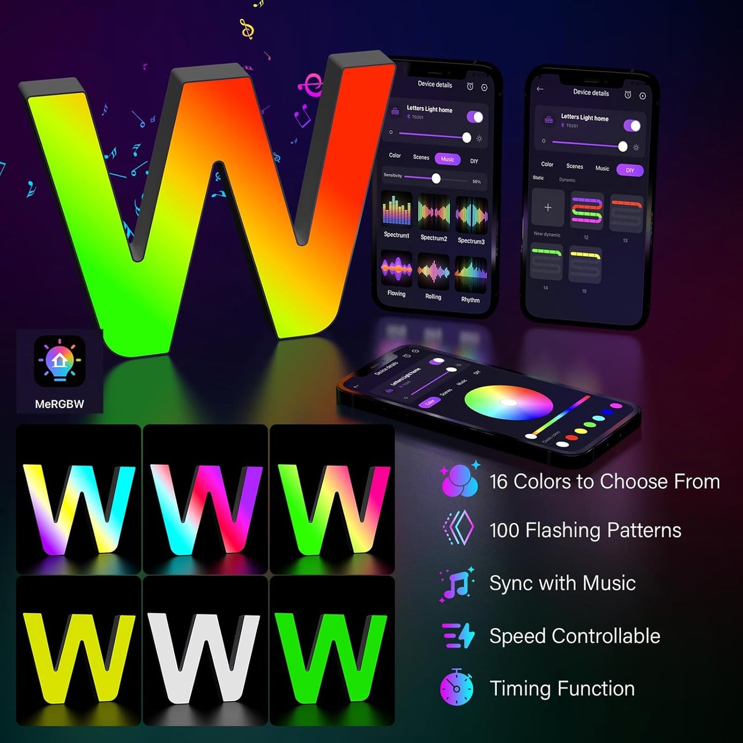 Light Up Letters Marquee Letter - Music Sync RGB Color Changing LED Lights Letter Logo Game Lights for Girls Women Party Birthday Christmas Valentine's Day Wall Desktop Decoration (MRGB-W)