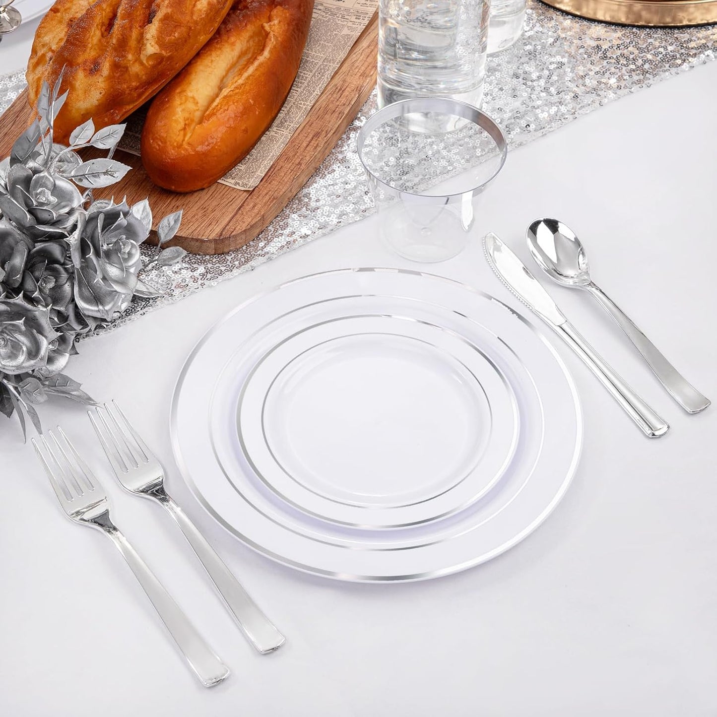 WELLIFE 300Pcs Silver Elegant Plastic Dinnerware Set for 50 Guests - Premium Disposable Party Supplies Includes Dinner Plates, Salad Plates, Cups & Flatware Set for Wedding, Anniversary, Banquet