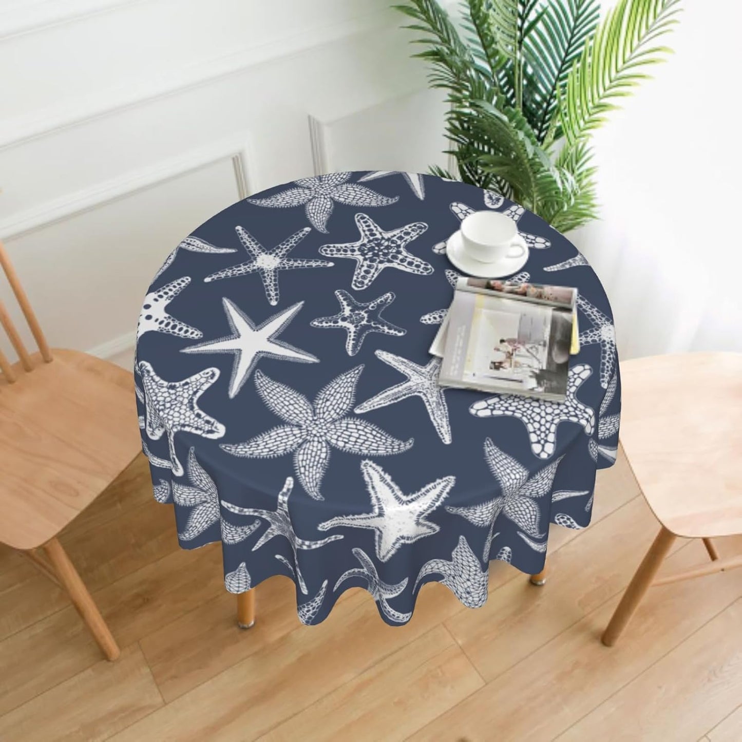 Giwawa 60Inch Navy Blue Starfish Round Tablecloth, Summer Nautical Coastal Decorative Circle Table Cover, Dustproof Washable Table Cloth Polyester for Kitchen Dining Party Picnic Season