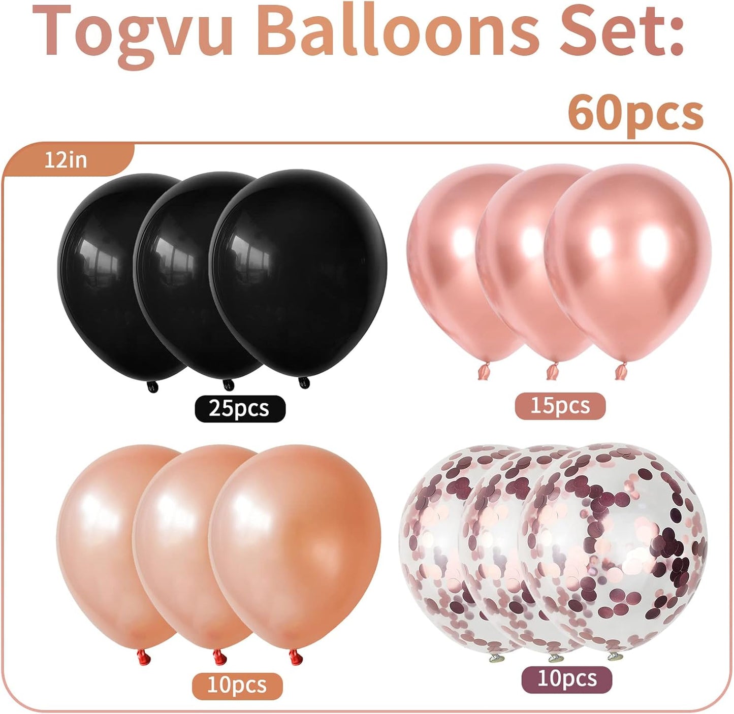 Metallic Rose Gold & Black Pearl Balloons - 60 Pcs Matte Latex Confetti Balloons for Women, Girls, Baby Showers & Weddings