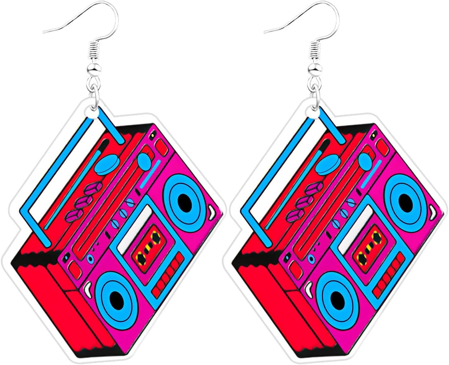 80s 90s Retro Cassette Tape Neon Earrings for Women Acrylic Radio Earring Set for 80s 90s Accessories Cosplay Party Jewelry Gifts