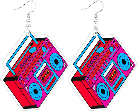 80s 90s Retro Cassette Tape Neon Earrings for Women Acrylic Radio Earring Set for 80s 90s Accessories Cosplay Party Jewelry Gifts