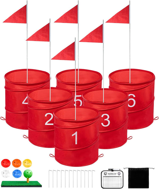 Golf Bucket Yard Game, Backyard Golf Game for Adults Kids, Portable 6 Hole Golf Course for Outdoor, Lawn, Park, Beach, Yard, Field Day, Family Reunion, Party Chipping Games