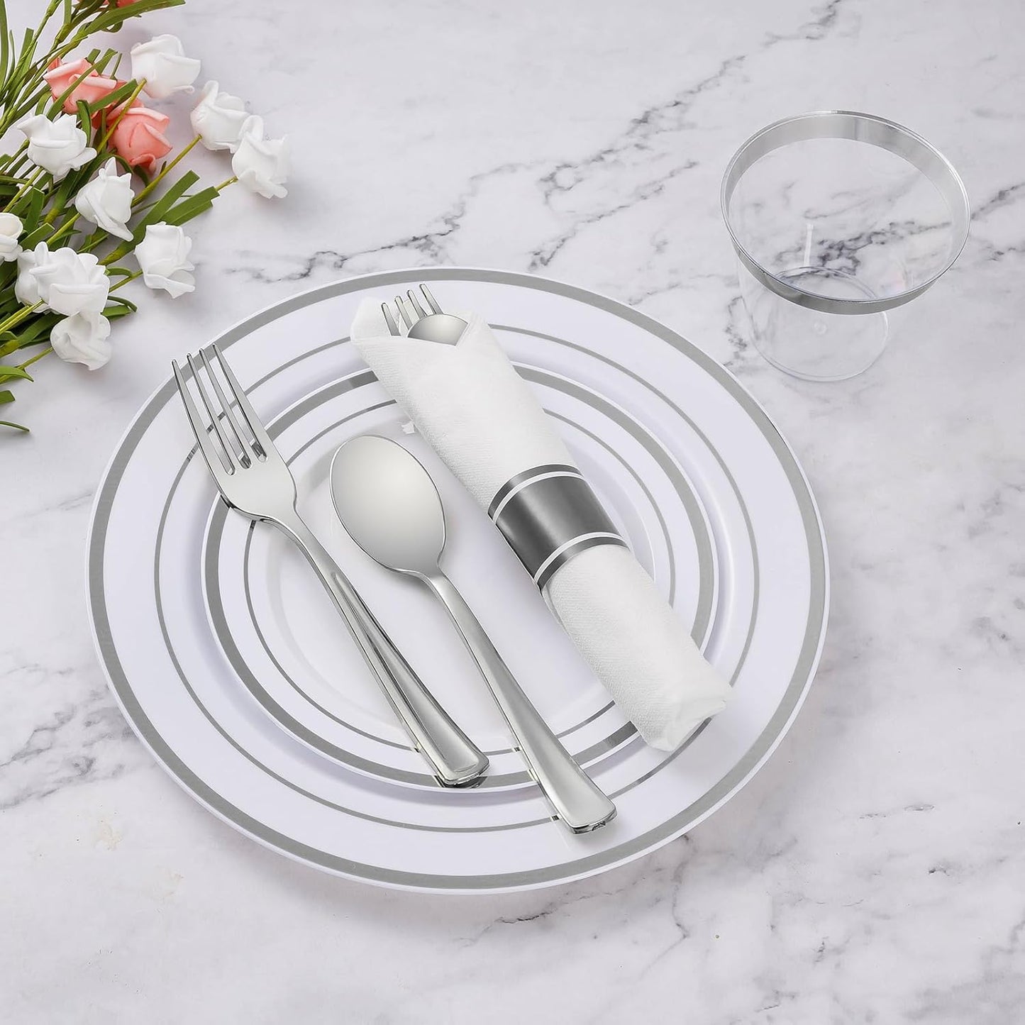 Goodluck 700 Piece Silver Plastic Dinnerware Set for 100 Guests, Disposable Plates for Party, Include: 100 Dinner Plates, 100 Dessert Plates, 100 Pre Rolled Napkins with Silverware, 100 Cups