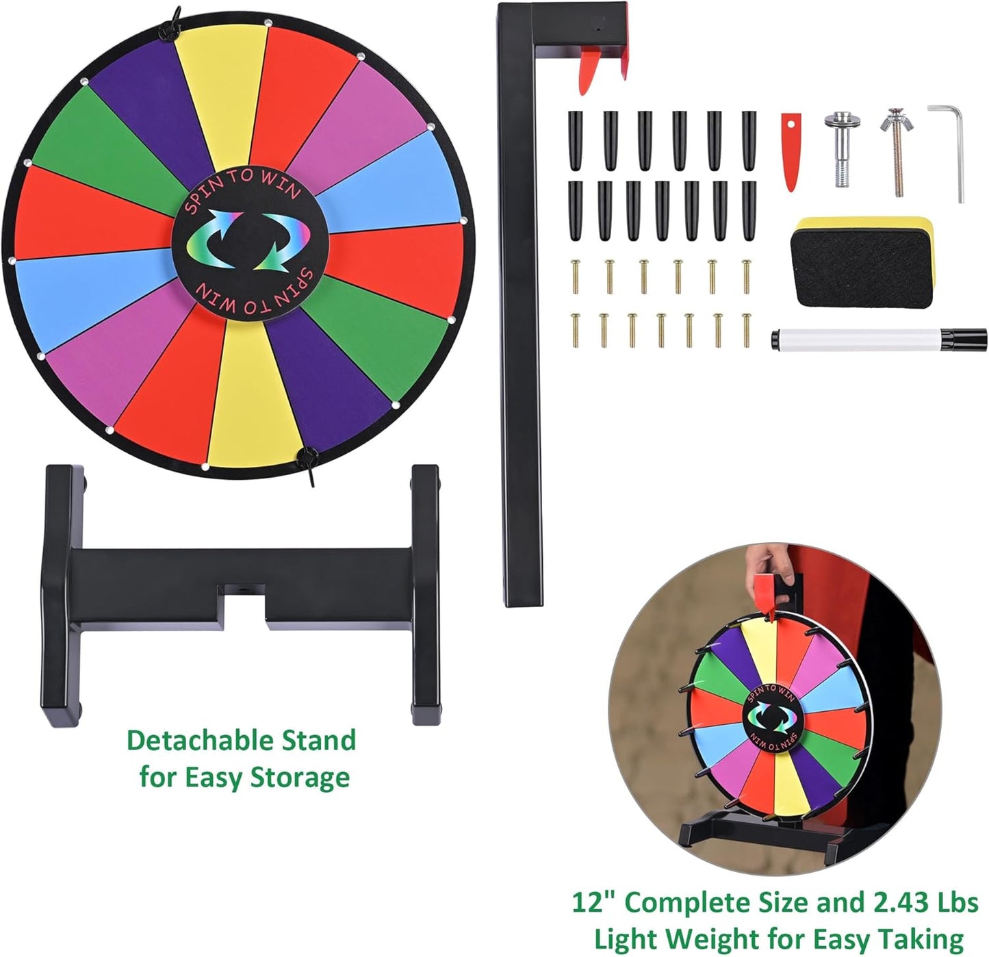 WinSpin 12" Prize Wheel Tabletop 14 Slots Heavy Duty Editable Spinning Wheel for Fortune Spinning Game Carnival & Tradeshow, Classic Series