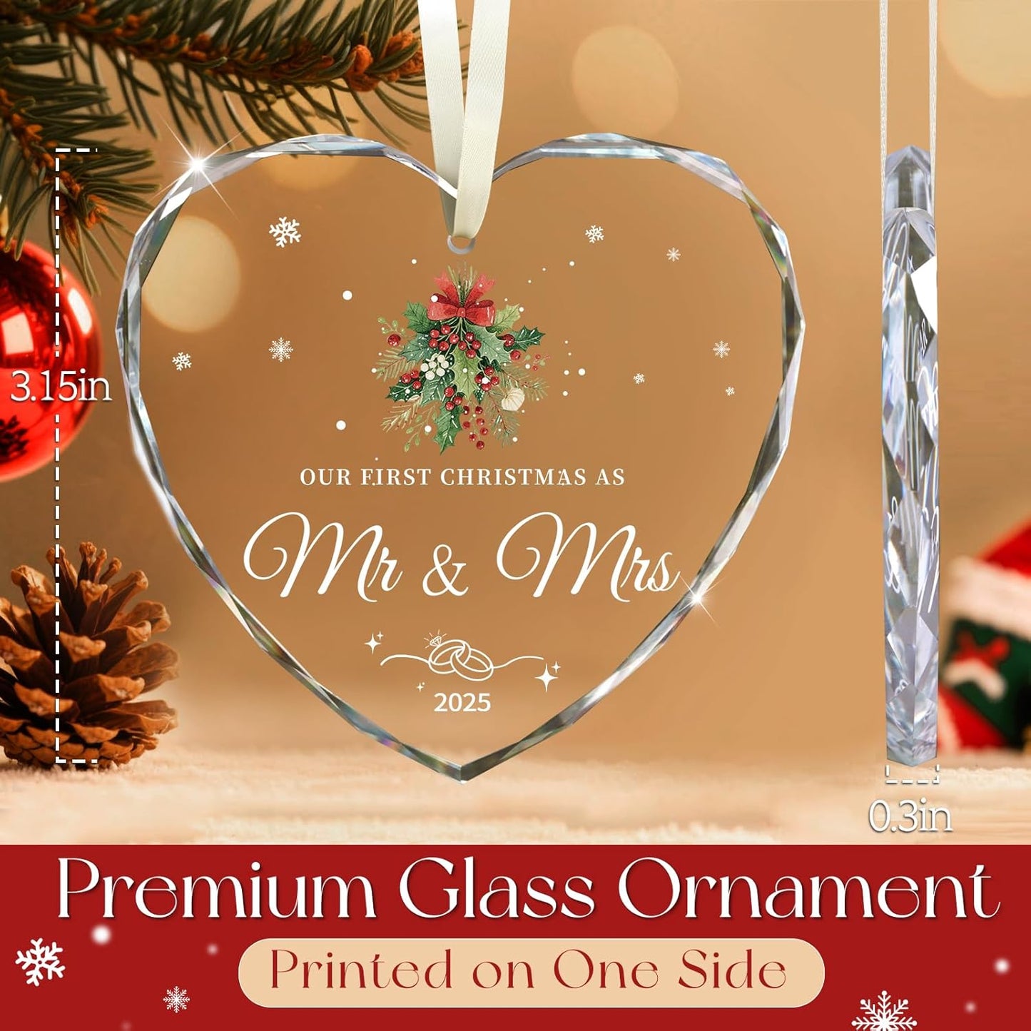 Wedding Gifts for Couples 2025, Our First Christmas as Mr and Mrs Ornament 2025 Engagement Gift Crystal Glass Ornament Newlywed Gift for Couples Just Married Gifts 2025