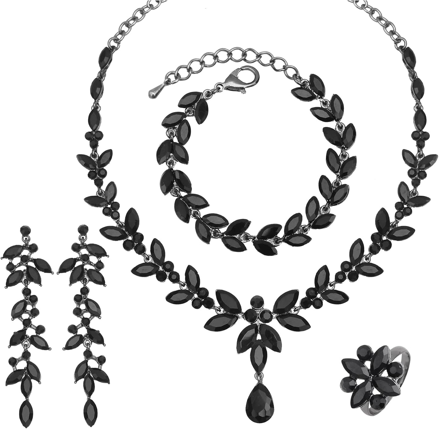 CSY 4 Pcs Elegant Bridal Jewelry Sets Austrian Marquise Crystal Wedding Necklace Dangle Earrings Tennis Bracelet Ring Set for Bride Women Costume Accessories