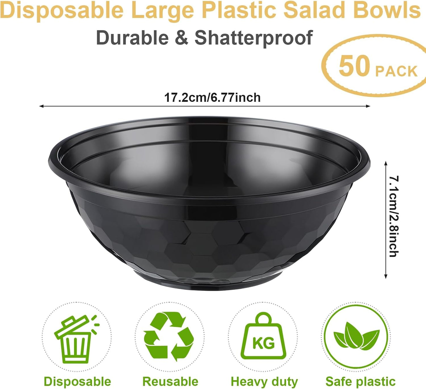 50 Pack Disposable Plastic Bowls 32oz Plastic Salad Bowls Large Stackable Serving Soup Dinnerware for Birthdays, Weddings, Parties, Festivals (Black)