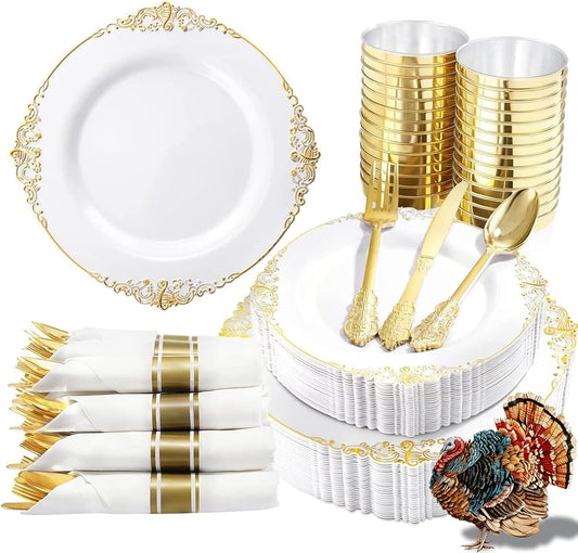Nervure 350PCS Gold Plastic Plates - Gold Plastic Dinnerware Sets for 50 Guests - 100 Disposable Plates, 150 Silverware, 50 Cups, 50 Napkins for Wedding & Party & Thanksgiving