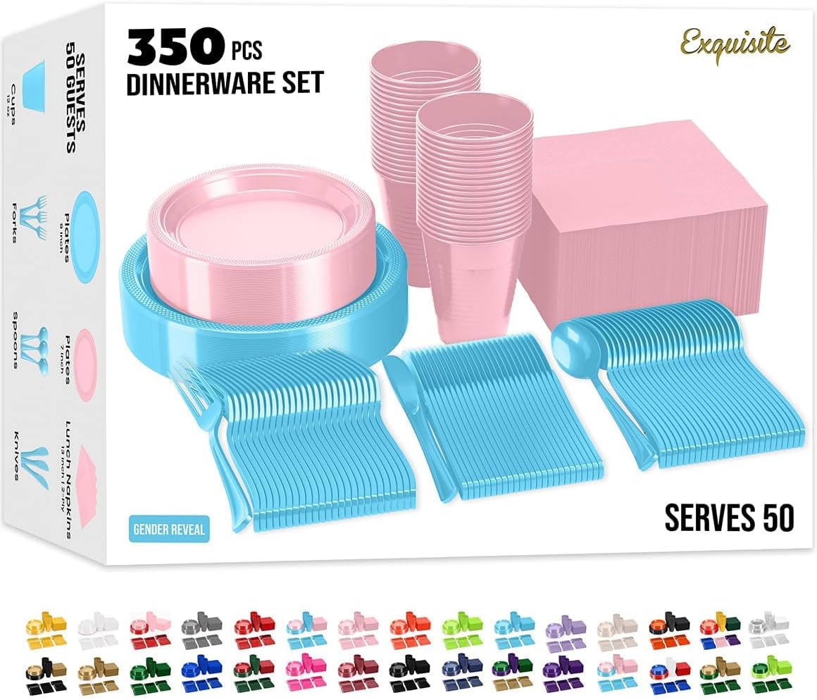 350 Pcs Gender Reveal Plastic Plates For Party, Gender Reveal Disposable Plates Set, 50 Of Each 9" Dinner Plate Set, 7" Dessert Plate, Cups, Napkins & Cutlery Plastic Dinnerware Exquisite