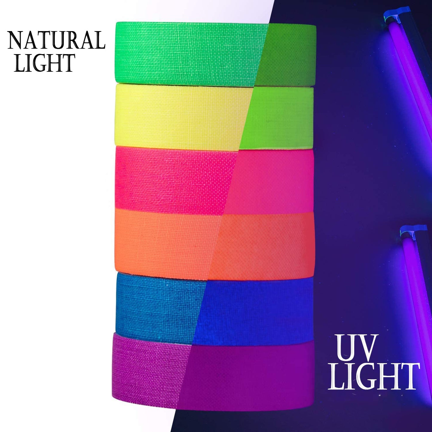6 Colors Neon Gaffer Cloth Tape,Adhesive Black Light Tape Sets,Fluorescent UV Blacklight Glow in The Dark Tape for UV Party (0.6 inch x 16.5 feet x 6 Rolls)