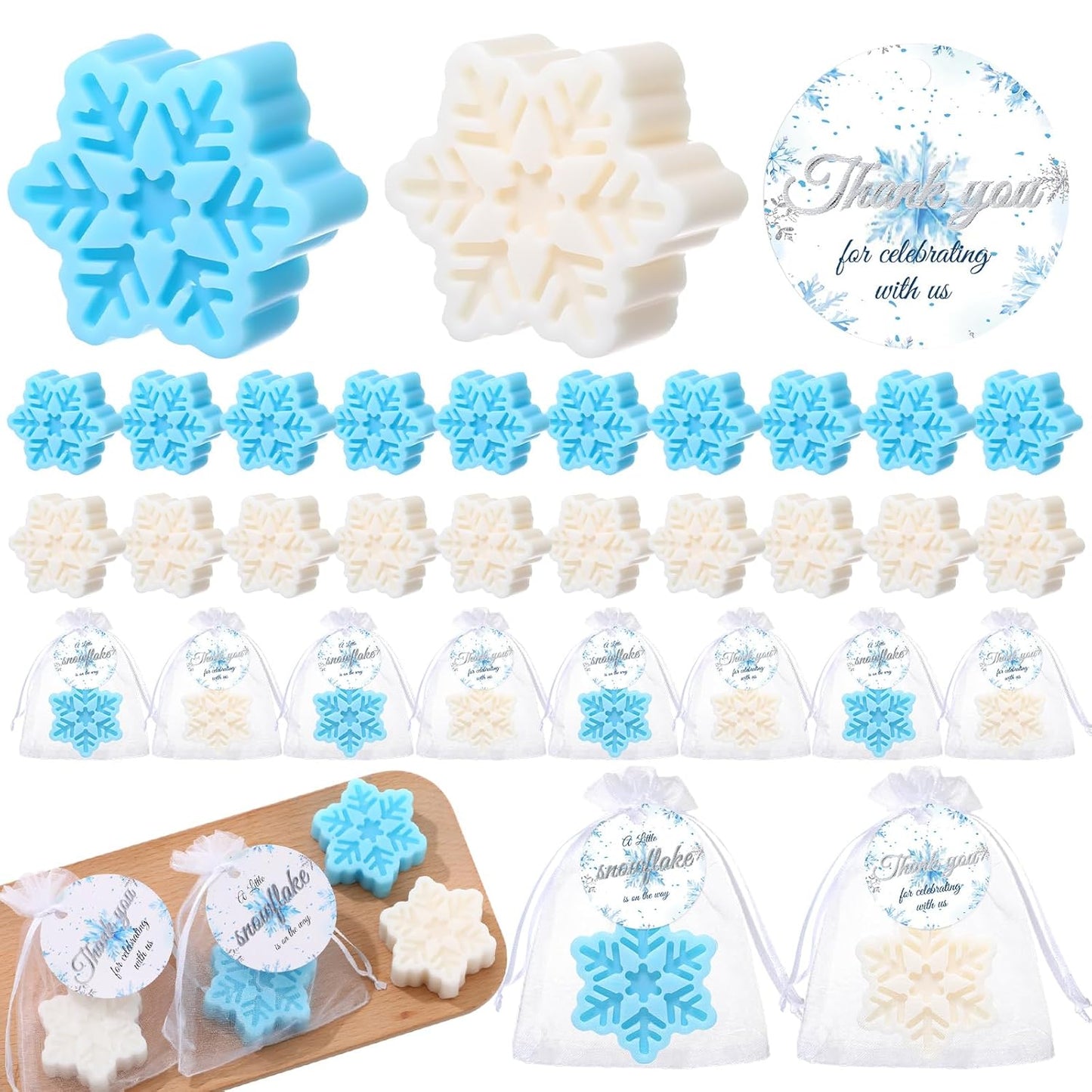 30 Sets Little Snowflake Baby Shower Soap Favors for Guests Christmas Snowflake Soaps Handmade Scented Winter Baby Shower Favor with Thank You Cards Organza Bags for Gender Reveal Return Gifts