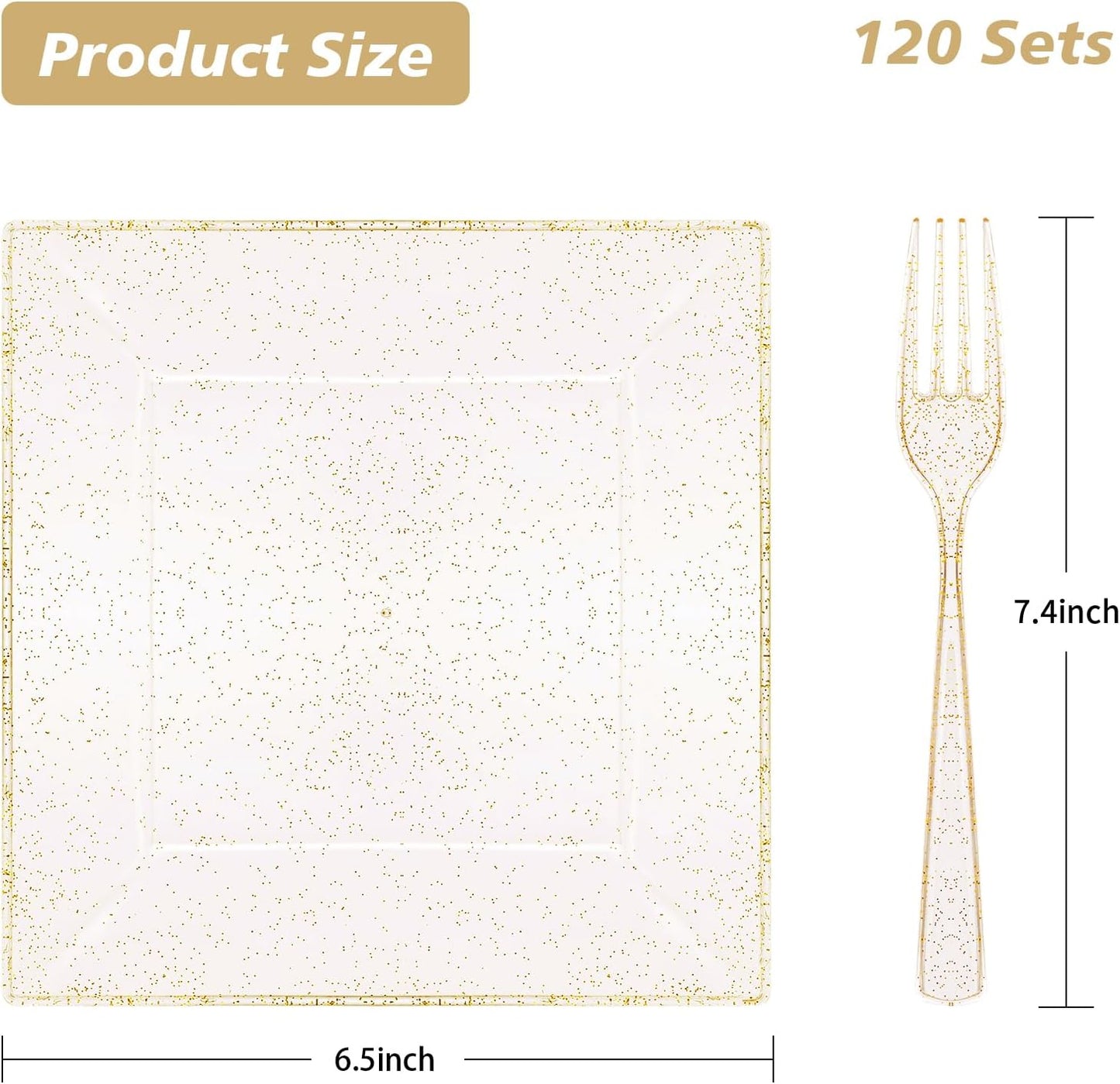 Goodluck 240PCS 6.5" Square Gold Glitter Dessert Plastic Plates with 7.4" Forks, Gold Appetizer Plates for 120 Guests, Including 120 Disposable Cake Plastic Plates and 120 Forks for Wedding/Birthday