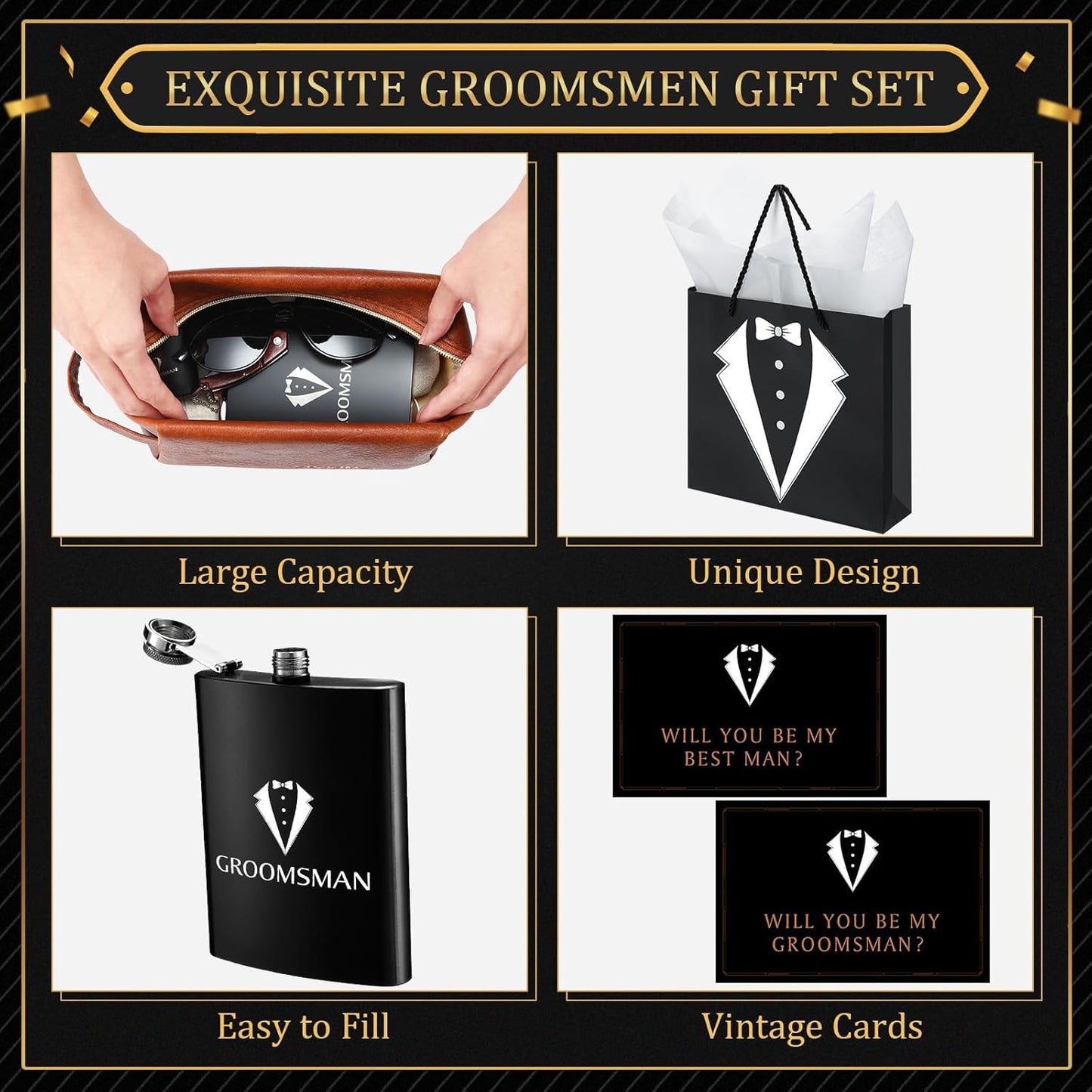 80Pcs Groomsmen Gifts Groomsmen Proposal Box with Flasks Sunglasses PU Leather Toiletry Bag Bottle Opener for Wedding Groomsman Best Man Gift (80, Brown)