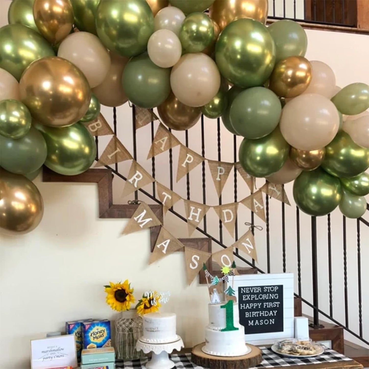 Sage Green Gold Balloons, 12 Inch 60 Pcs Metallic Olive Green White Gold Confetti Balloons Retro Green Balloons for Jungle Safari Birthday Camp Bachelorette Decorations