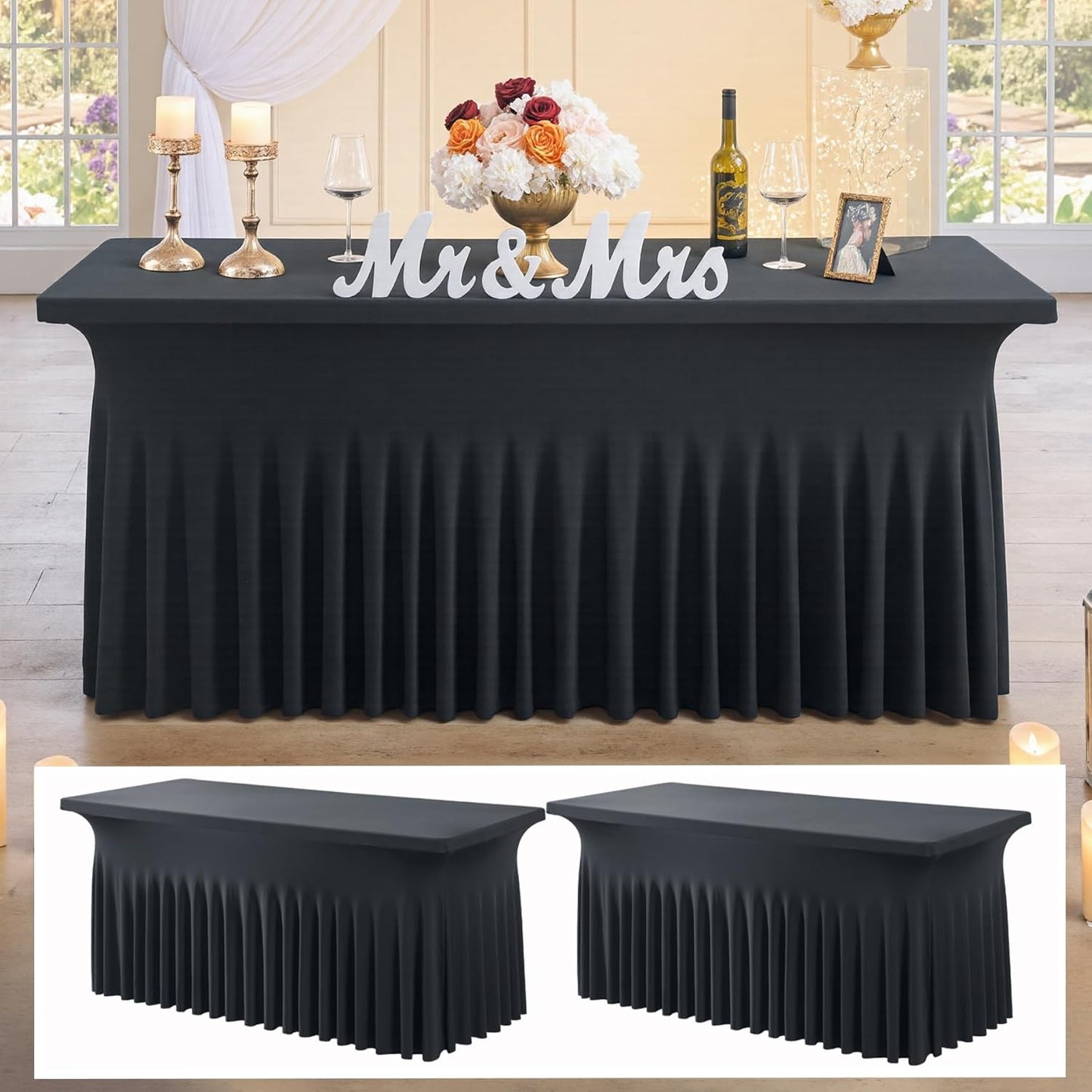 2 pk Black Spandex Tablecloth 4ft with Ruffled Table Skirt,Wrinkle Free High Stretch Fitted Tablecloths for 4 Foot Rectangle Tables, Elastic Spandex Table Covers 6ft for Parties Wedding Banquet