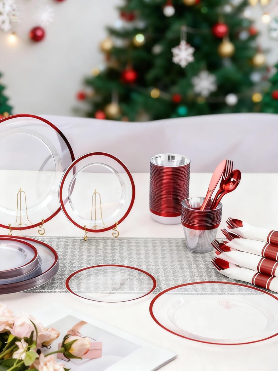 350PCS Plastic Plates for Party, Disposable Clear Red Dinnerware Sets for 50 Guests,100 Plastic Plates, 50 Cups,50 Pre-Rolled Napkins with Cutlery for Party, Thanksgiving, Christmas, Wedding