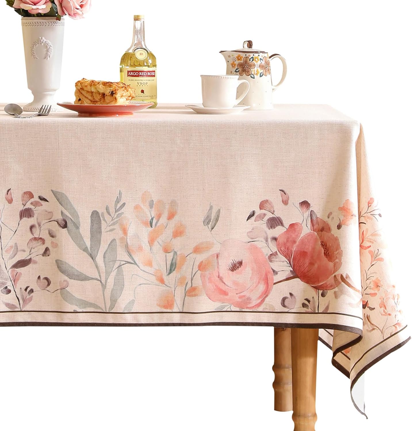 Linen Small Rectangle Tablecloth,French Pink Floral Pattern Wrinkle Free Table Cloth,Decorative Table Cover for Kitchen,Dining,Tea Party,Thanksgiving,Christmas,55"*71"-Sloosa