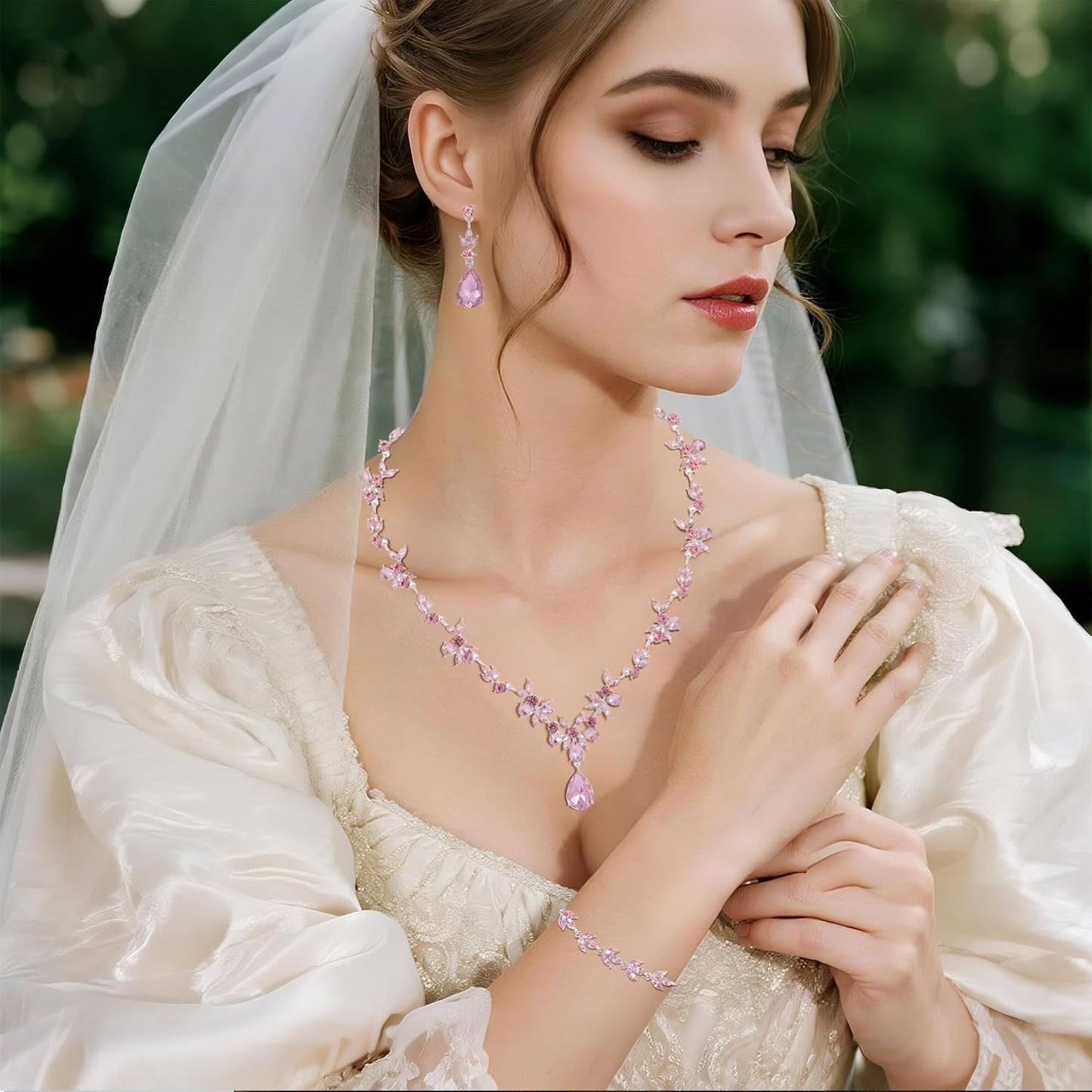 Kamirola Bridal Jewelry Set, Jewelry Set for Women, Necklace Dangle Earrings Bracelet Set, White Gold Plated (TR76)