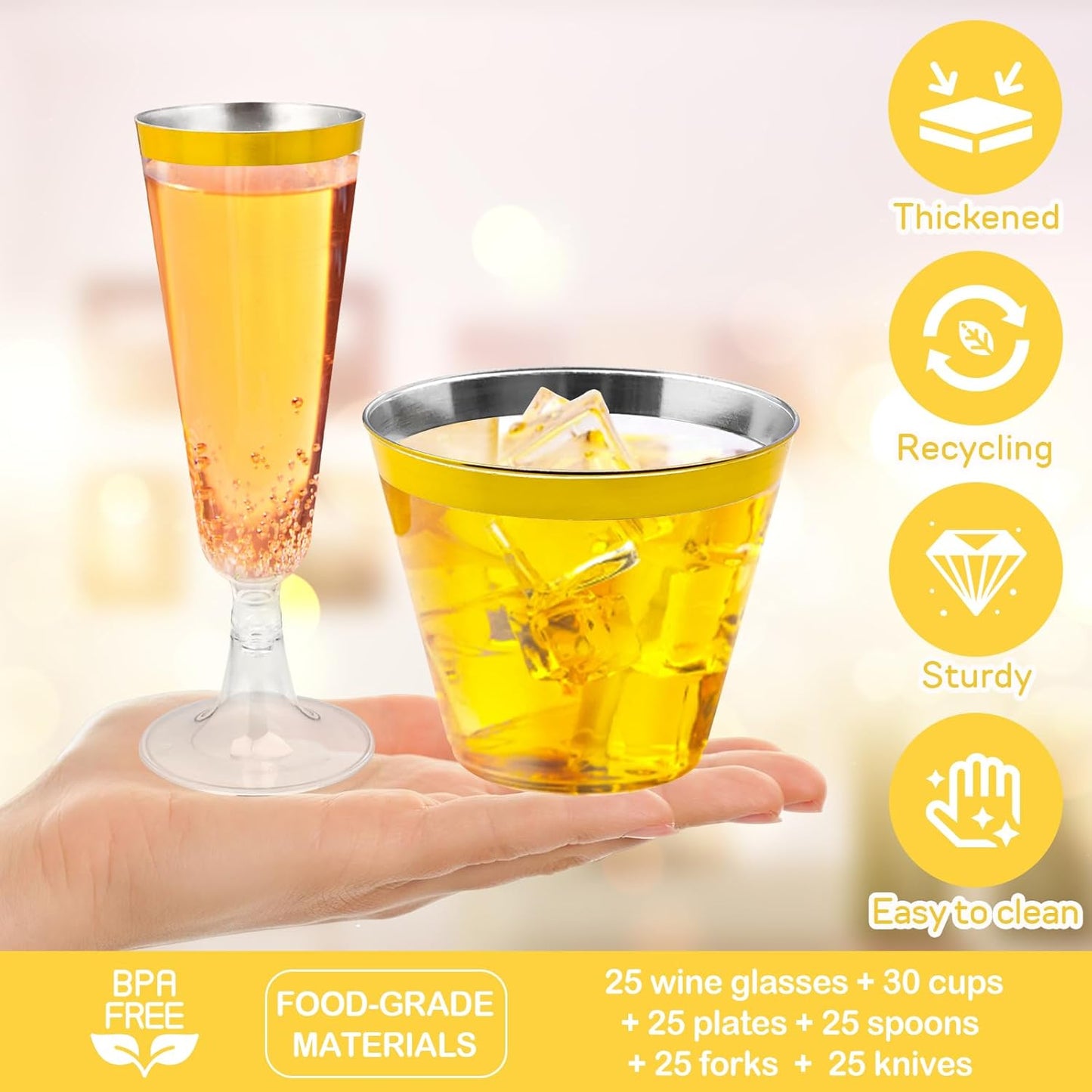 150PCS Gold Plastic Plates Set for 25 Guests, Disposable Dinnerware Set of 25 Dinner, 25 Cups and 25 Champagne Flutes Cups, 25 Spoons, 25 Forks, 25 Knives for Birthday, Wedding & Party Supplies