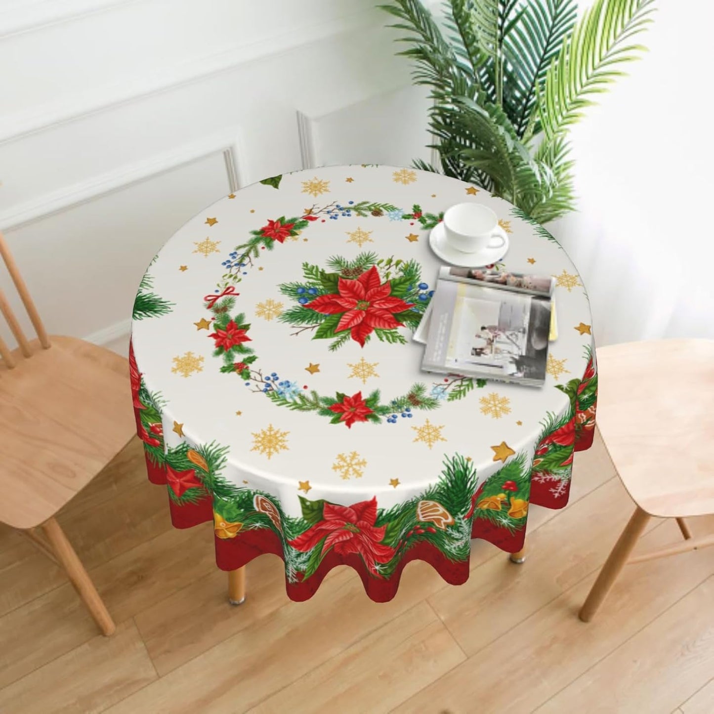 Giwawa Christmas Tablecloth 60 Inch, Winter Poinsettia Floral Round Table Cloth, Xmas Snowflake Holly Berry Table Cover for Kitchen Dining Decor, Waterproof Reusable Tablecloths for Holiday Party