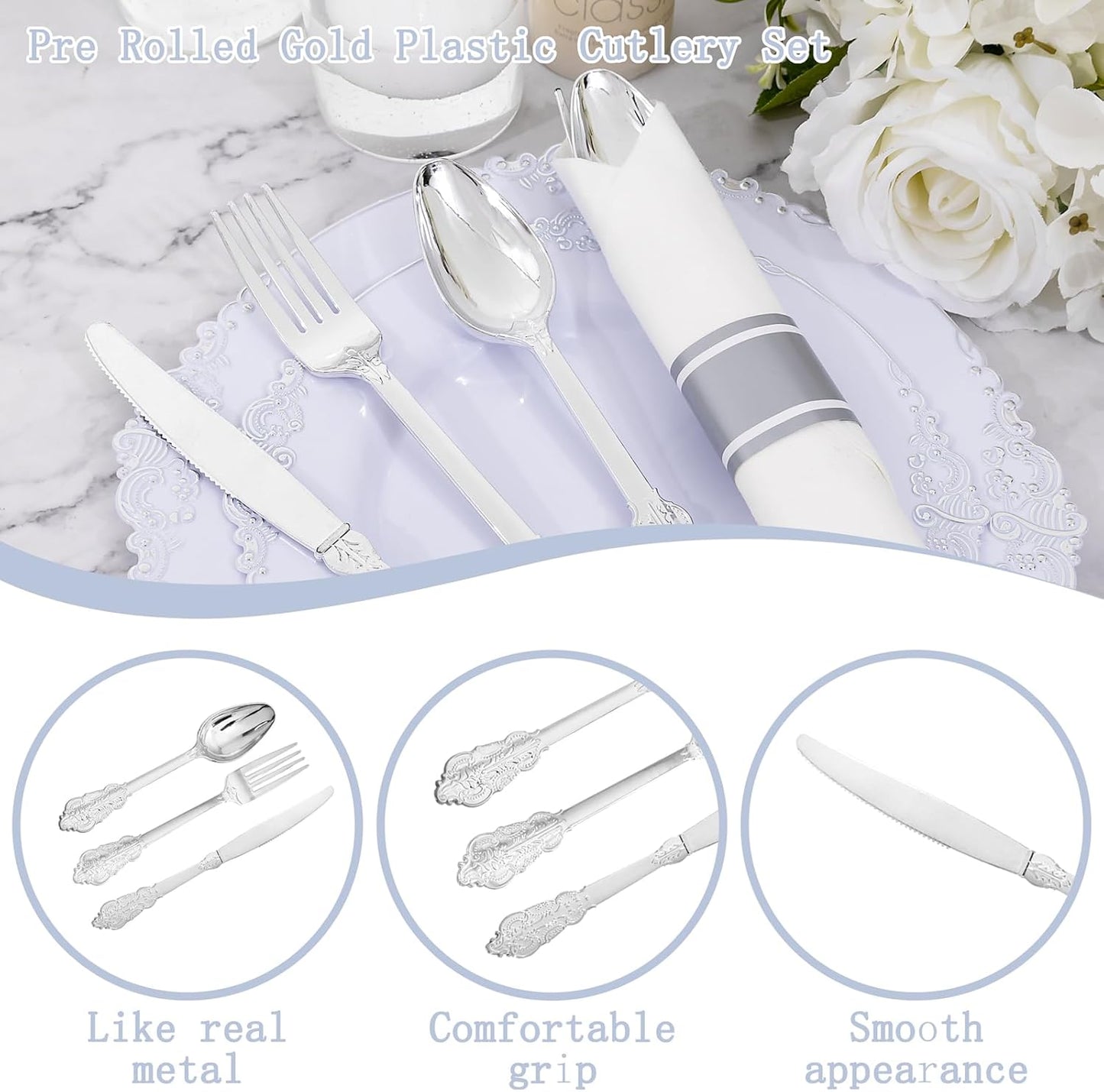 400PCS Pre Rolled Silver Plastic Silverware Sets - Heavy Duty Fancy Silver Cutlery - Include 100 Pack Wrapped Disposable Utensils with Napkins for Parties, Dinners & Weddings