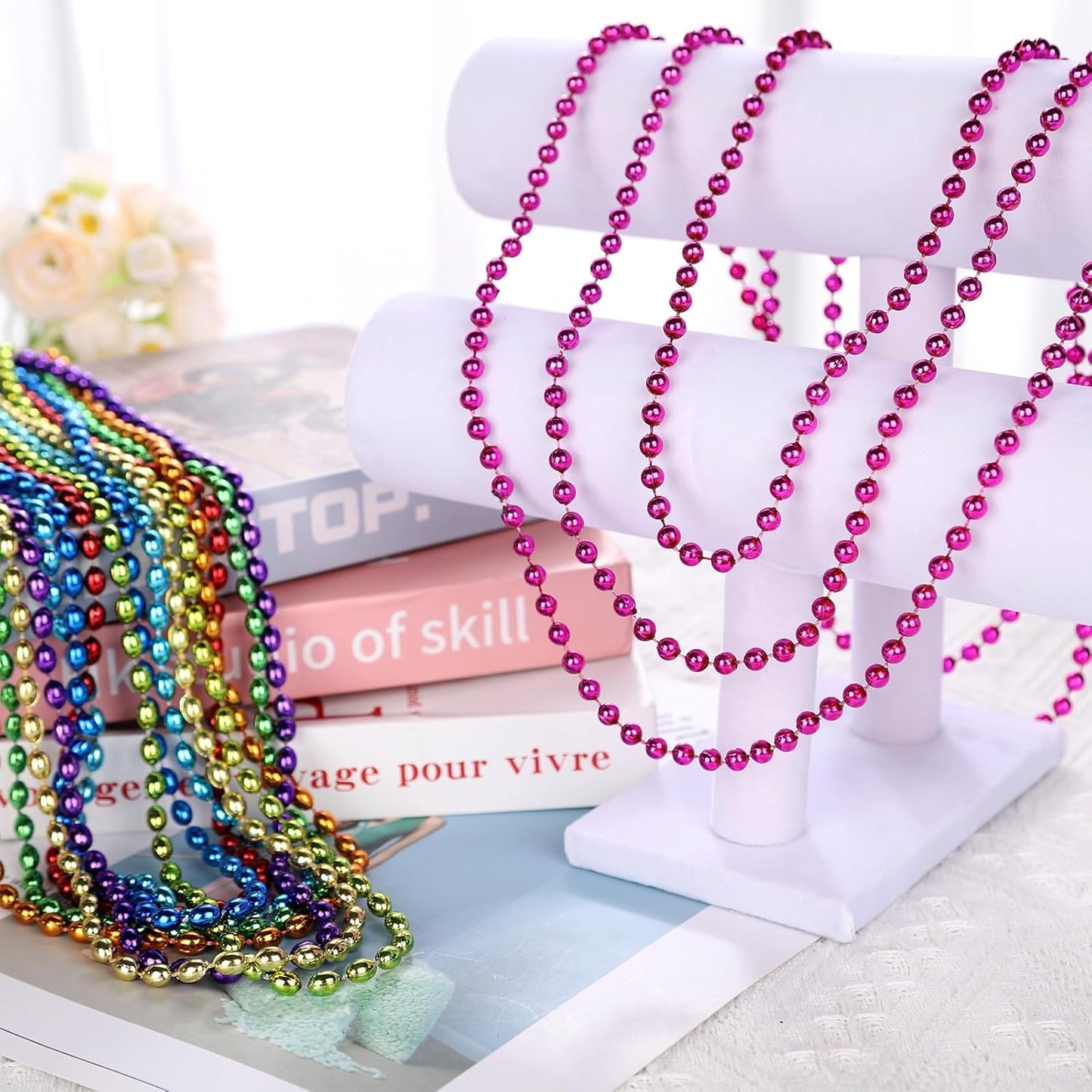 48 Pack Mardi Gras Beads Necklaces, 33 Inch Plastic Beads for Party Favors, Festival Decorations, Parade Throws, Christmas, St. Patrick's Day Celebrations