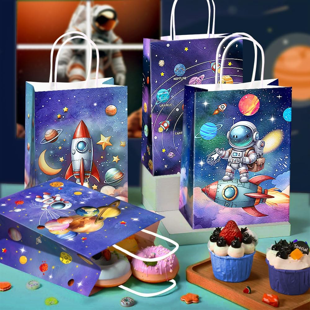 24 Pcs Astronaut Party Favor Bags with Handles - Space Galaxy Themed Solar Eclipse Goodie Gift Candy Kraft Paper Bags for Kids Birthday Party Supplies Decorations