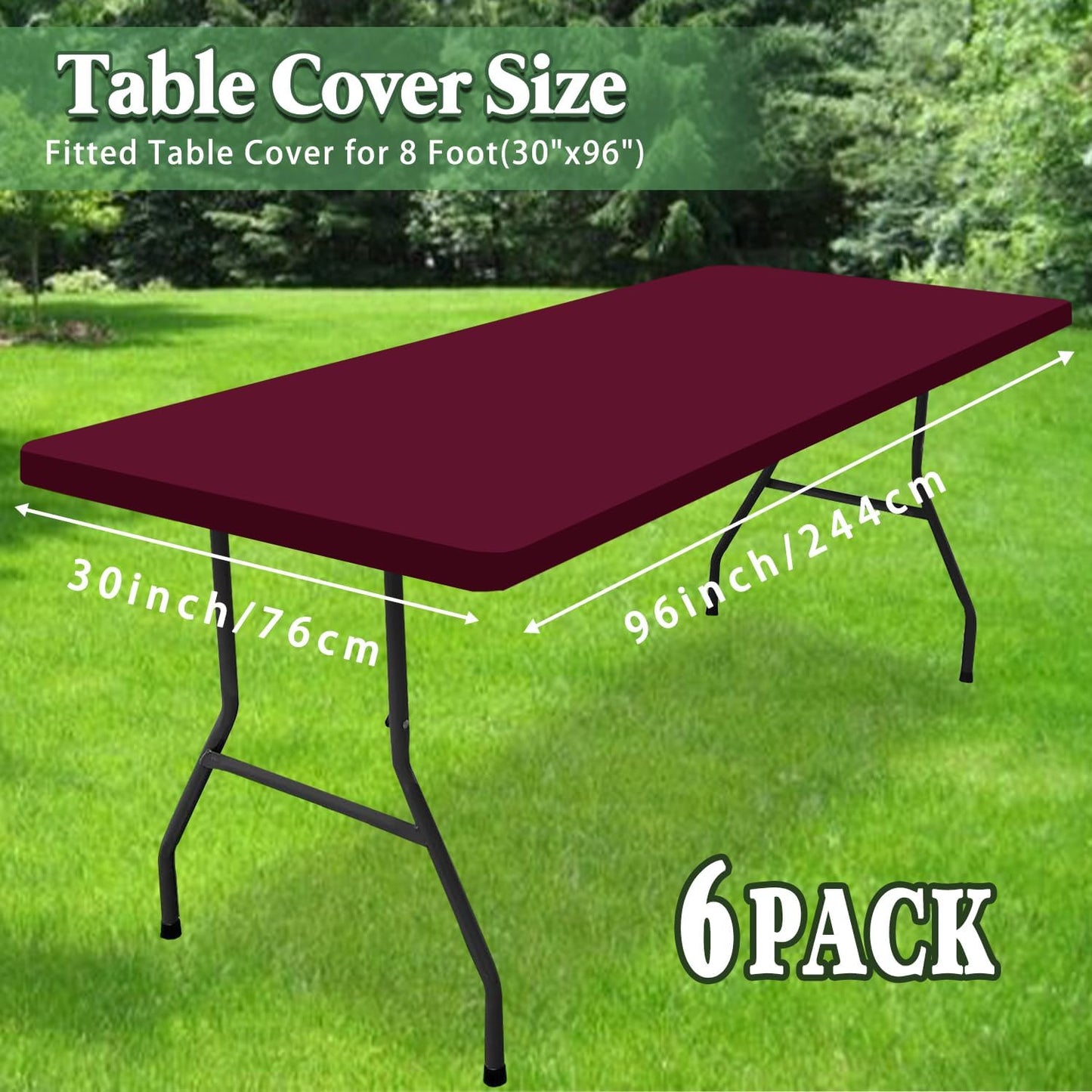 6 Pack 8 Foot Picnic Table Cover Fitted Elastic Tablecloth for Rectangle Tables Waterproof Stretch Washable Folding Indoor Outdoor Spandex Table Cloth for Parties Banquet Camping (Wine Red,30" x 96")