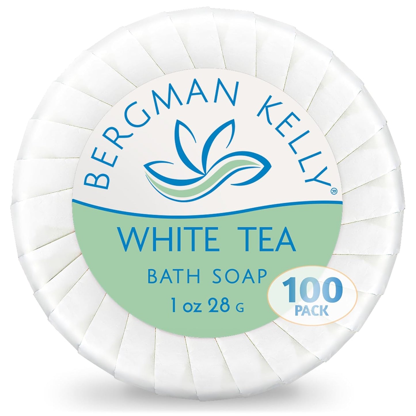 BERGMAN KELLY - Hotel Soap Bars - White Tea, 1 oz, 100 PK - Travel Size Luxury Bulk Amenities Bar Soap, Mini Individually Wrapped Round Soap - Small Toiletries for Airbnb, Motel, Guest Bathroom
